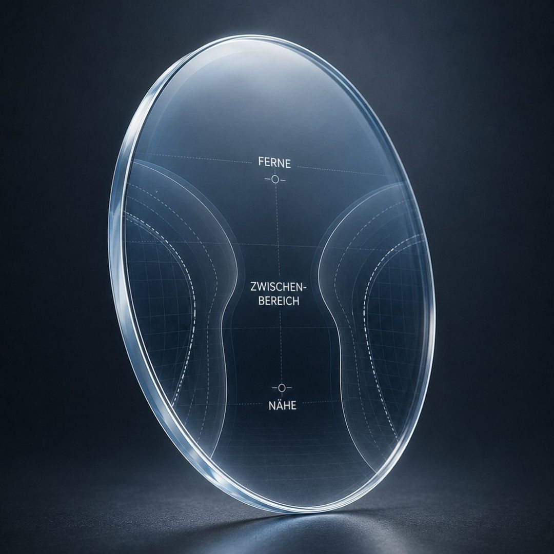 Gleitsichtglas mit den drei Sehbereichen Ferne, Zwischenbereich und Nähe