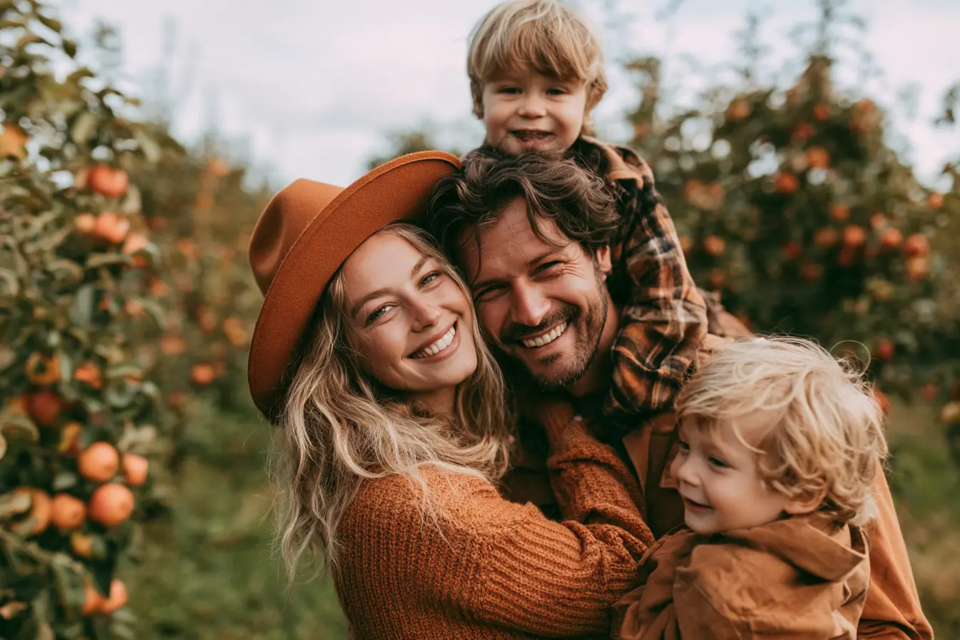 Familie mit Kindern in einer Obstwiese