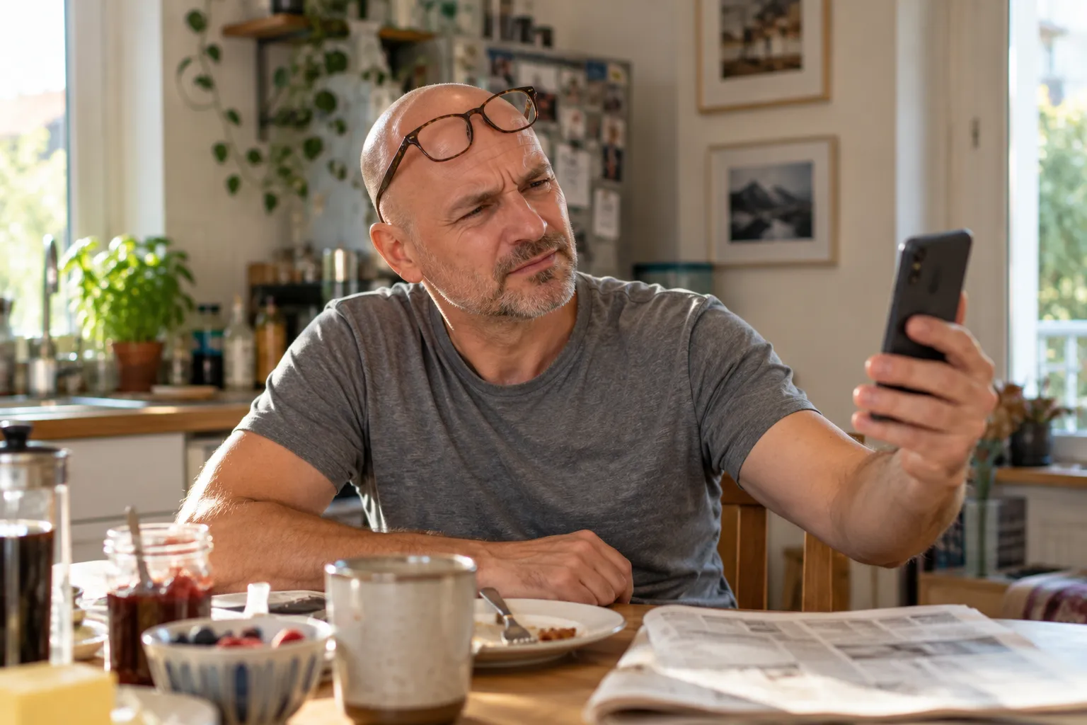 Mann um 50 am Frühstückstisch hält das Handy weit weg, die Lesebrille auf dem Kopf – Entscheidung zwischen Lesebrille und Gleitsicht