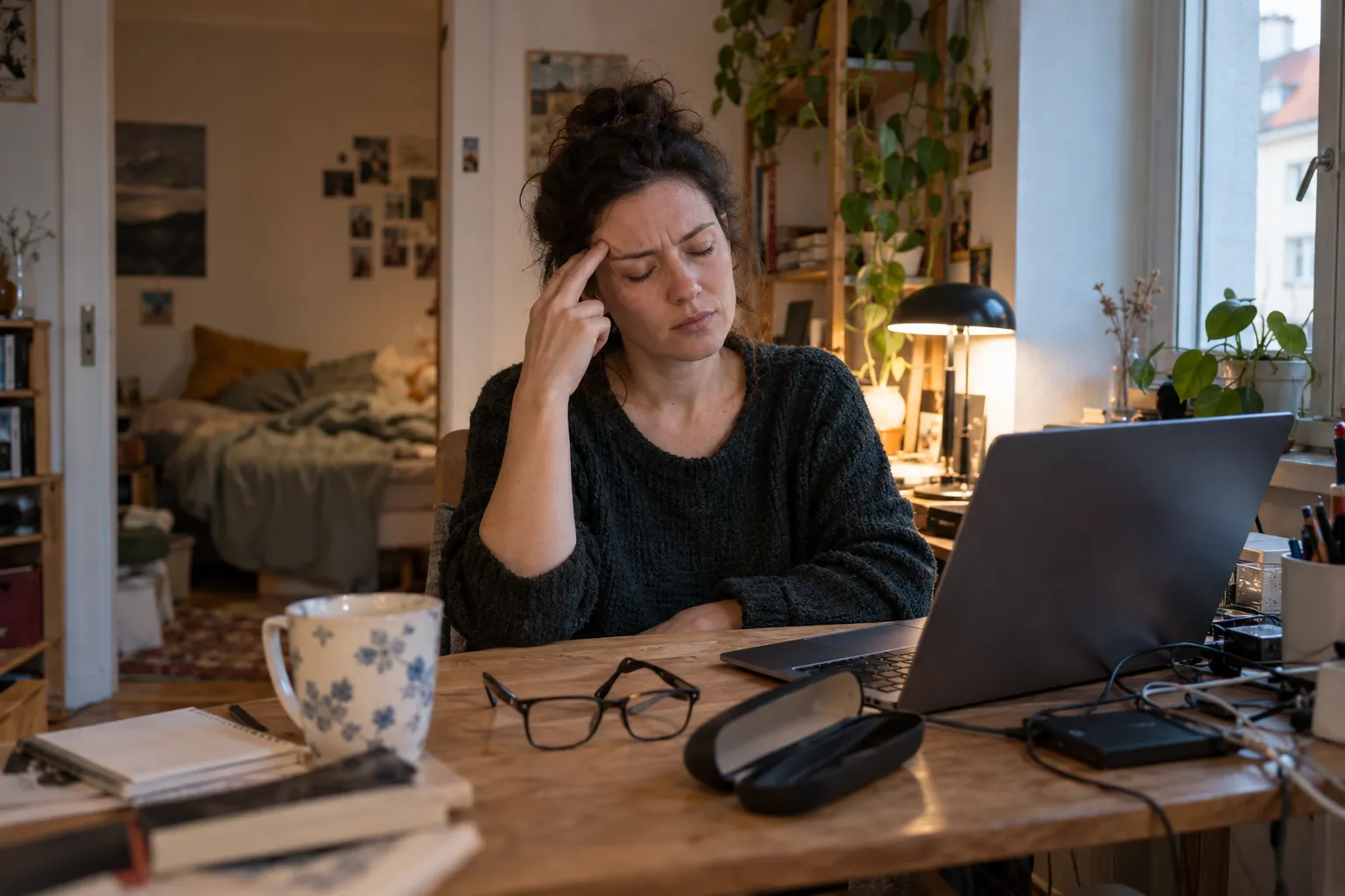 Frau um 45 am Schreibtisch mit Kopfschmerzen, die neue Brille liegt vor ihr auf dem Tisch