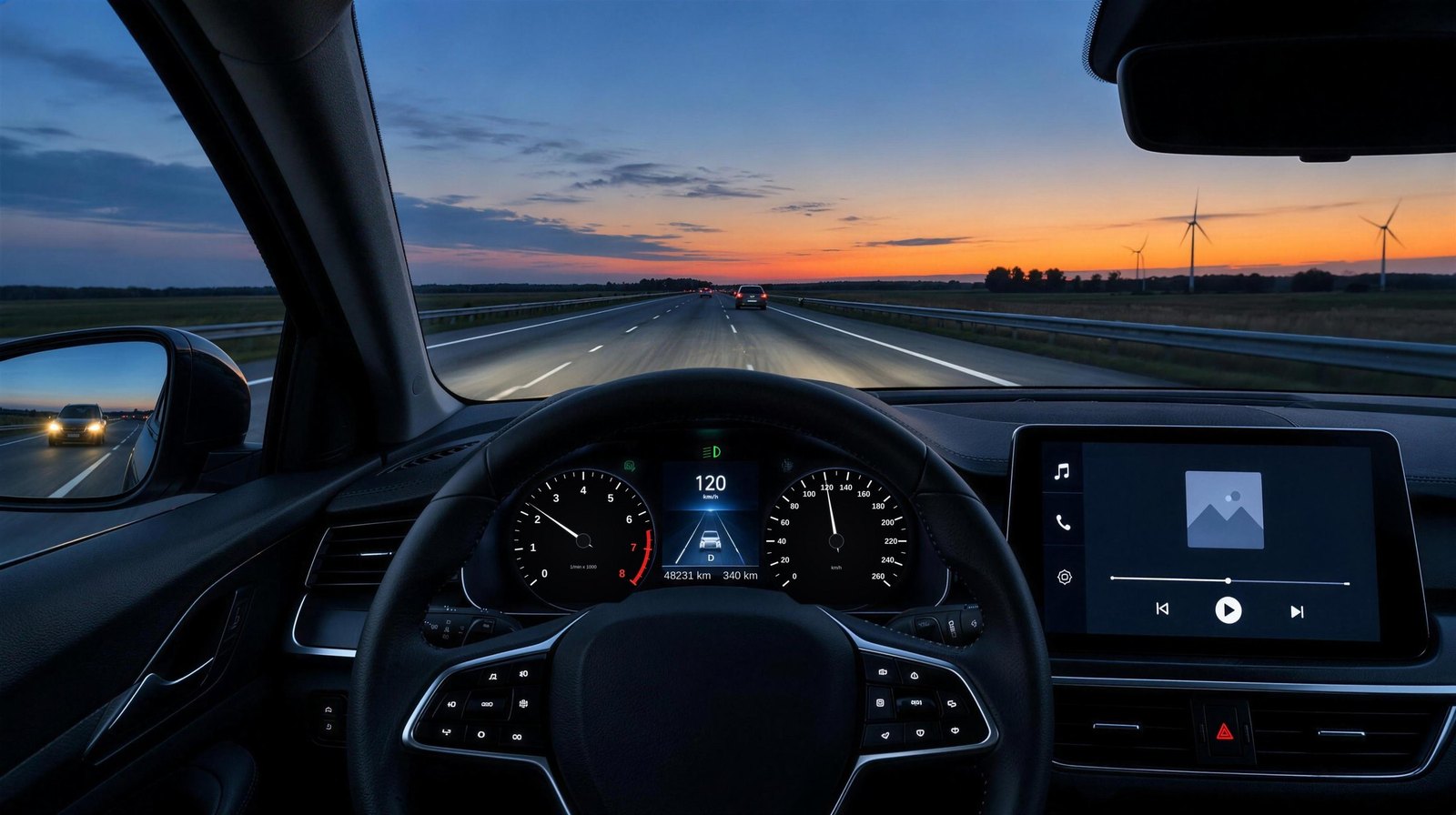 Autobahn in der Dämmerung mit Spiegel und Armaturen