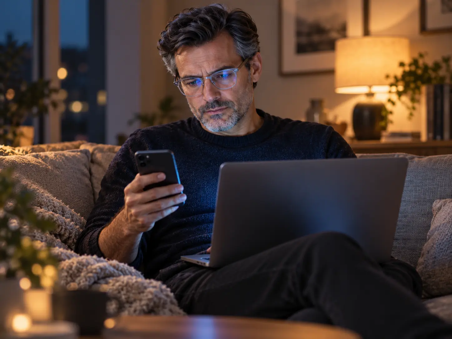 Mann um 48 abends auf dem Sofa mit Smartphone und Laptop, blaues Bildschirmlicht im Gesicht