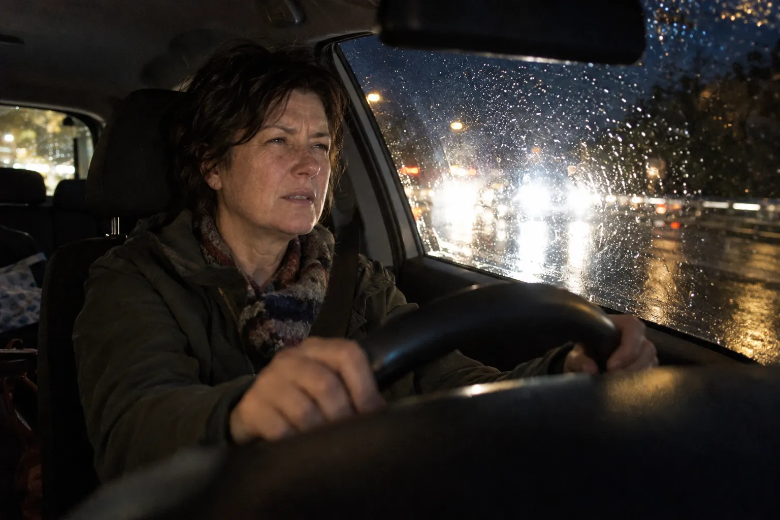 Frau um 55 am Steuer bei Nacht, Scheinwerfer blenden durch die regennasse Scheibe