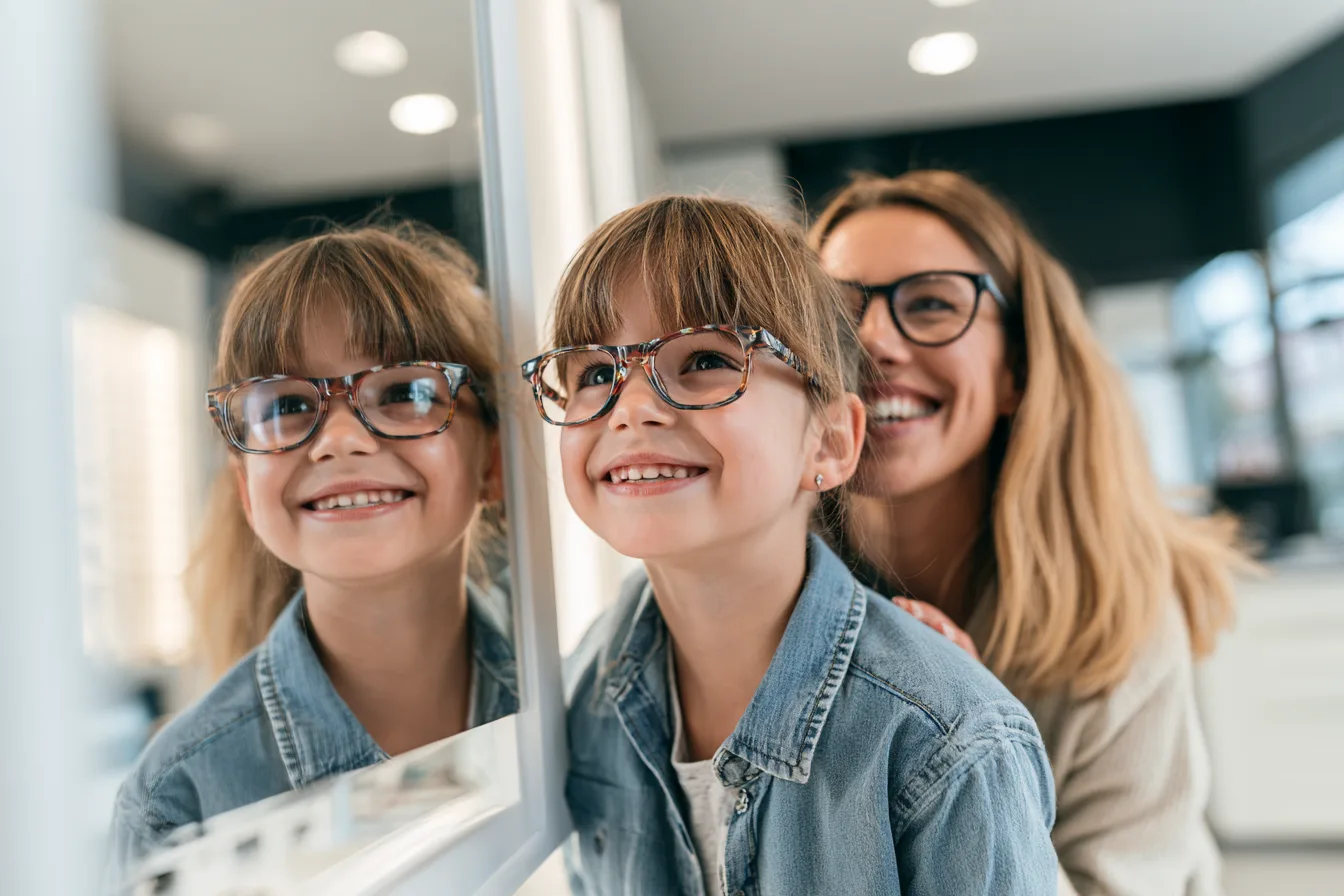 Mädchen probiert beim Optiker gemeinsam mit ihrer Mutter eine Brille an