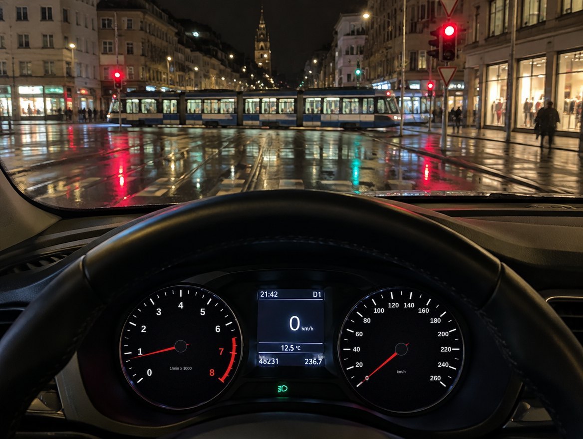 Stadt bei Nacht nach Regen mit Ampeln und Straßenbahn